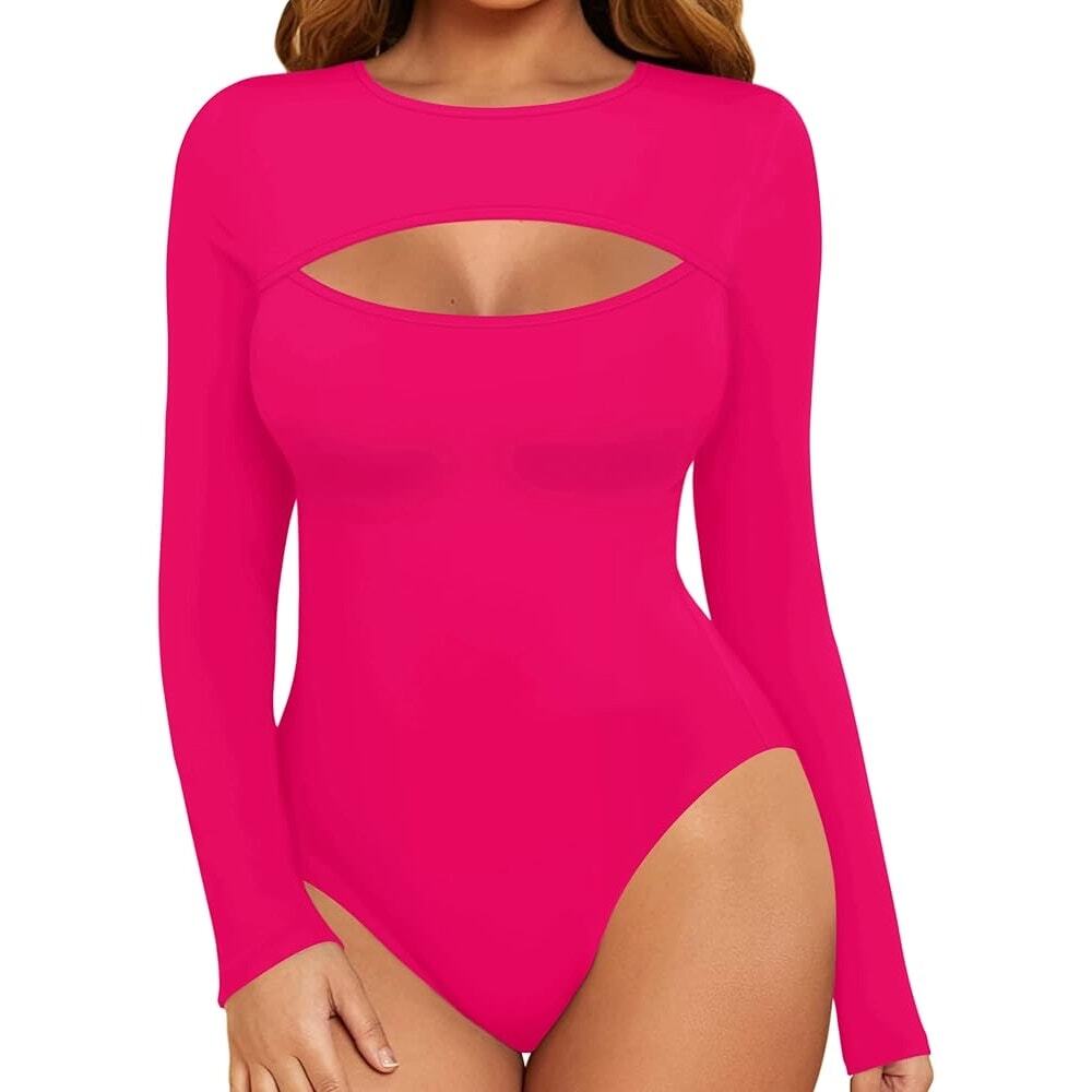 New Mangopop Long Sleeve Bodysuit Front Cutout Round Neck Body Suit Large